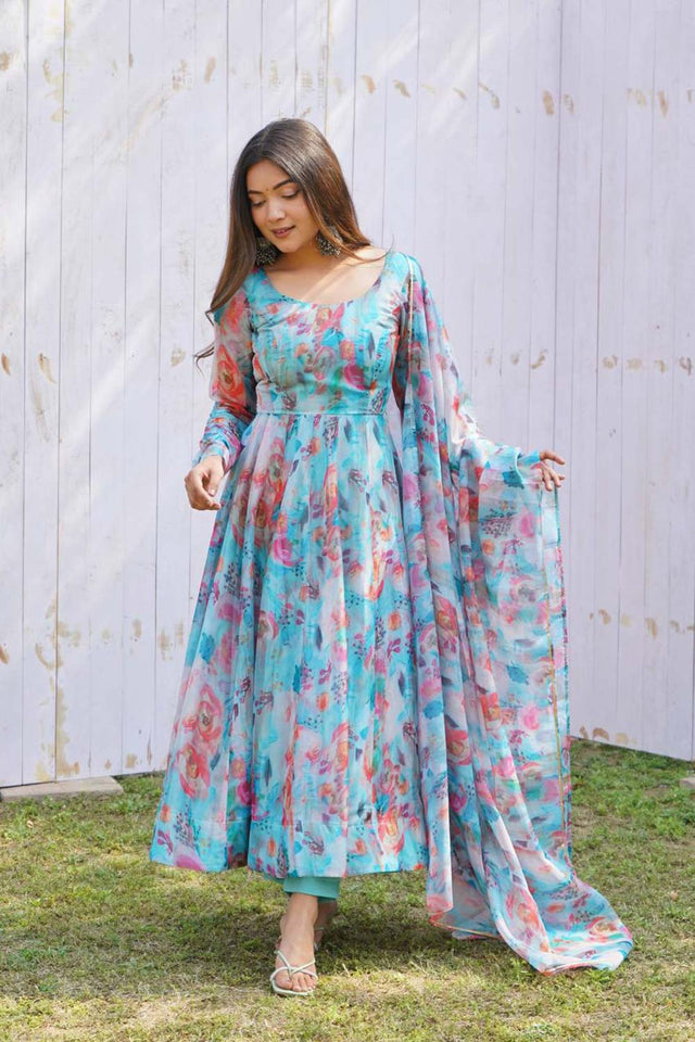 Multi-Color Organza Floral Print Full Sleeves Anarkali Suit Set