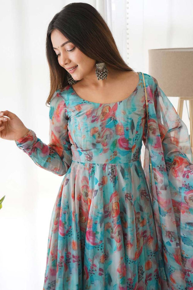 Multi-Color Organza Floral Print Full Sleeves Anarkali Suit Set
