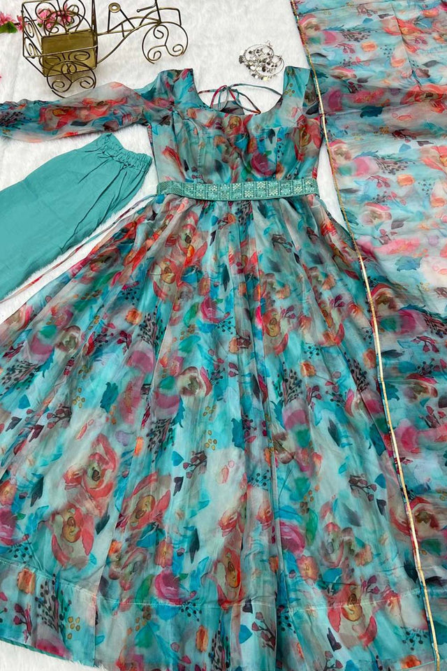 Multi-Color Organza Floral Print Full Sleeves Anarkali Suit Set