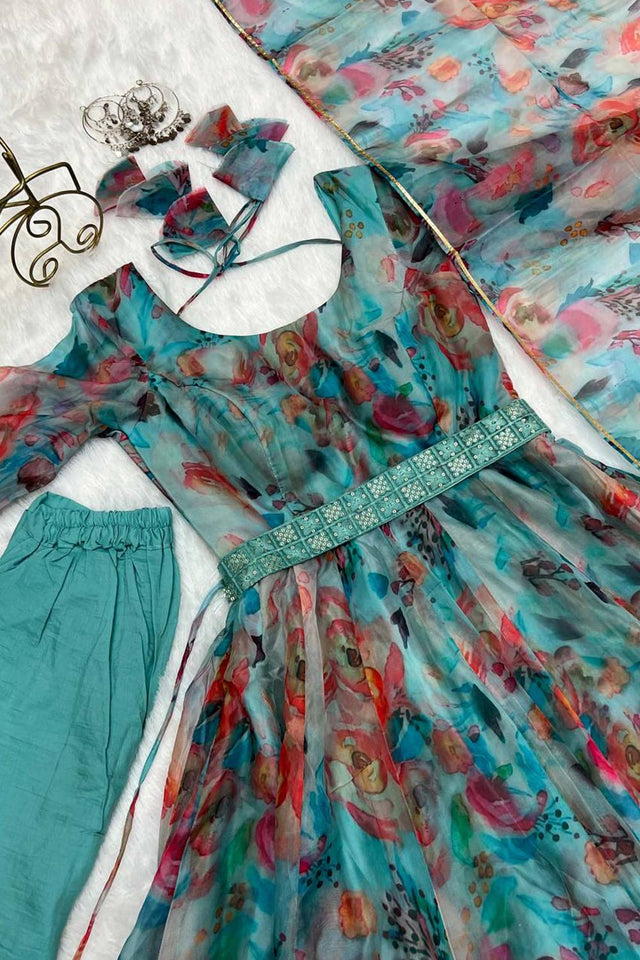 Multi-Color Organza Floral Print Full Sleeves Anarkali Suit Set
