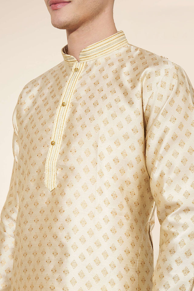 Cream Woven Jacquard Kurta Pyjama Set