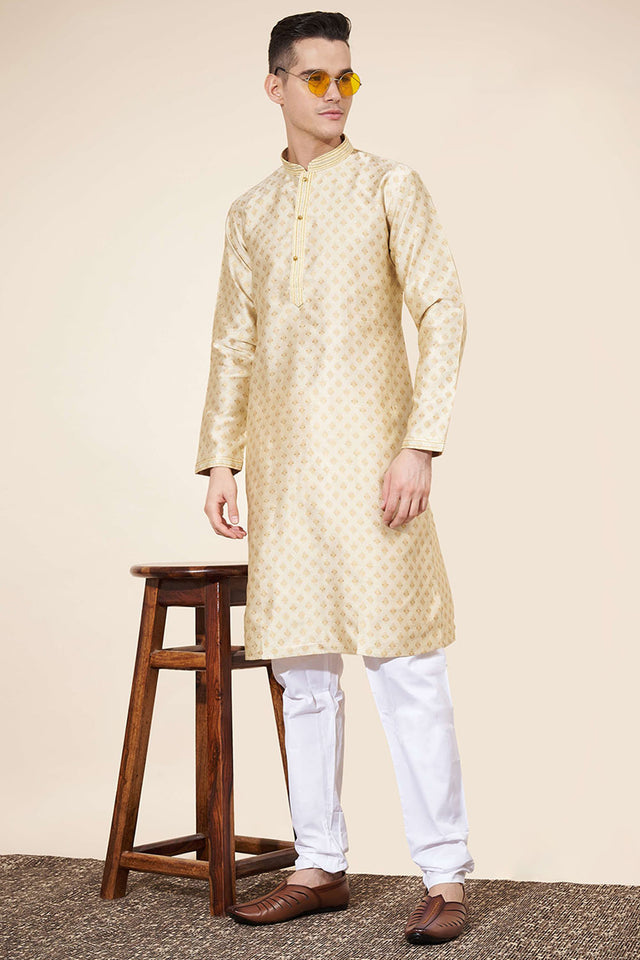 Cream Woven Jacquard Kurta Pyjama Set