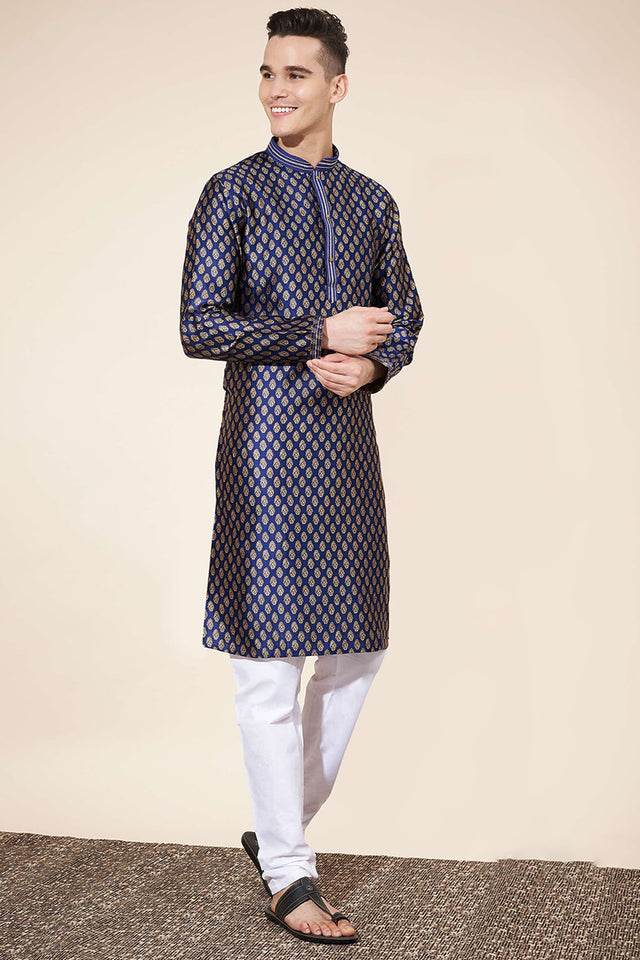 Blue Woven Jacquard Kurta Pyjama Set