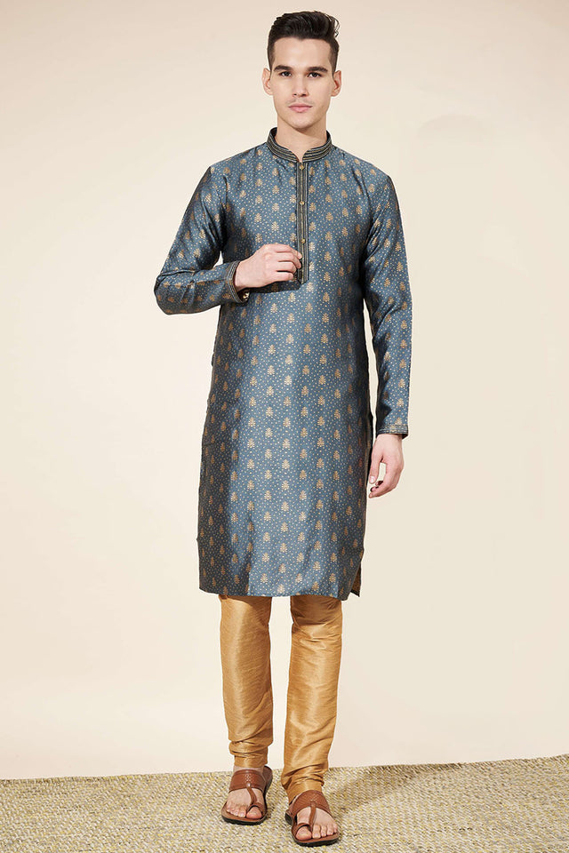 Grey Woven Jacquard Kurta Pyjama Set