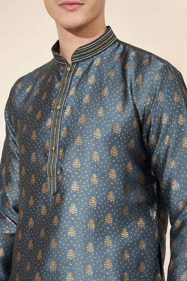 Grey Woven Jacquard Kurta Pyjama Set