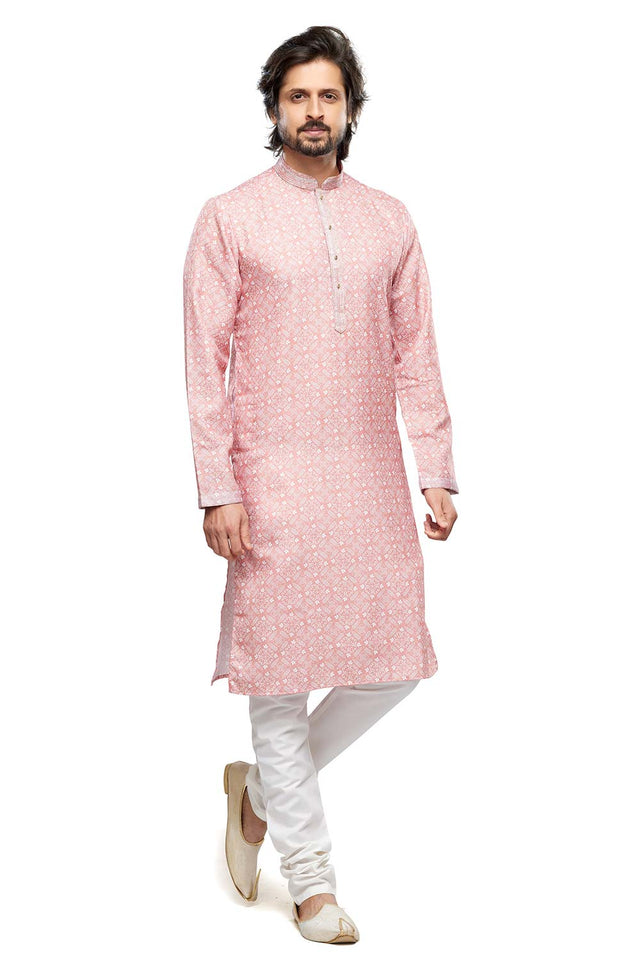 Men's Peach Digital Print Cotton Kurta Pyjama Set