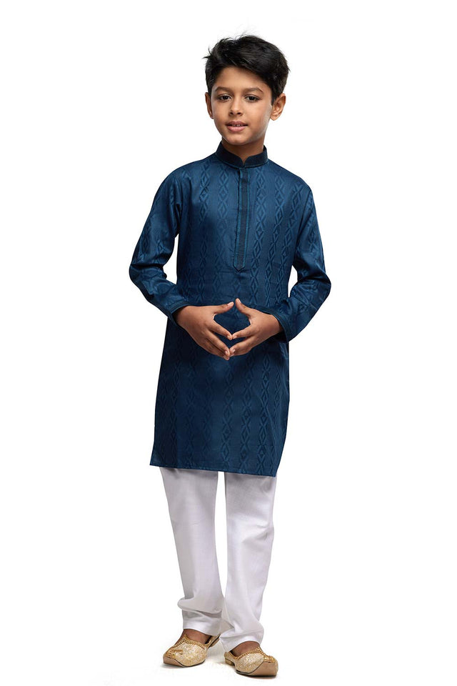Boy's Peacock Green Self Printed Art Silk Kurta Pyjama Set