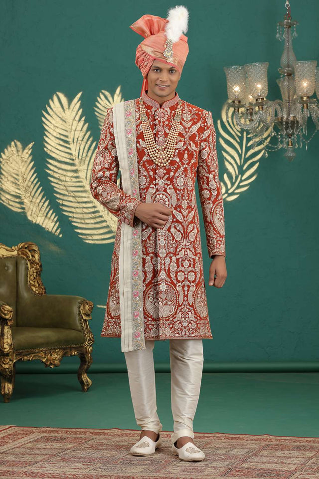 Men's Orange Sequin with Embroidered Art Silk Sherwani Sets