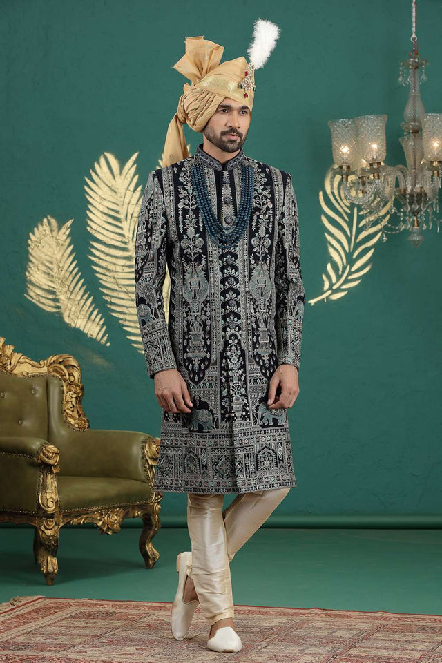 Men's Navy Blue Sequin with Embroidered Art Silk Sherwani Sets