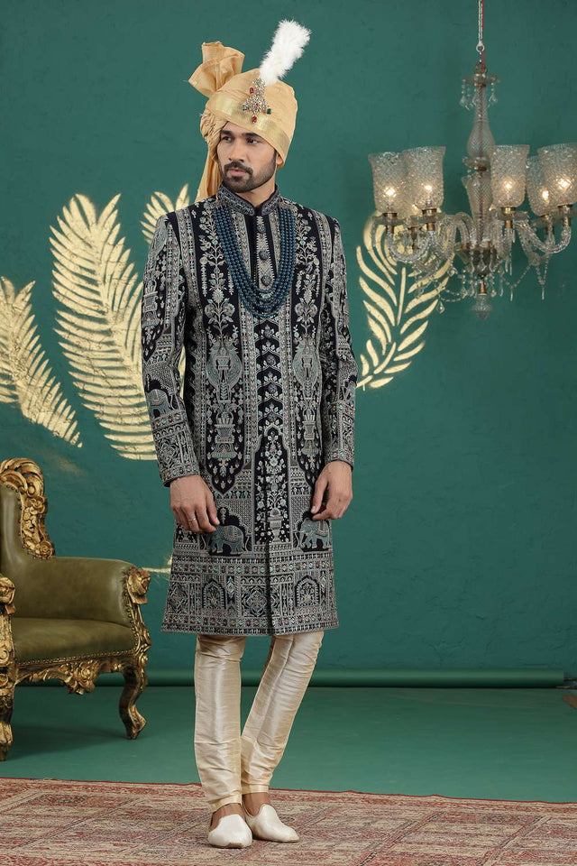 Men's Navy Blue Sequin with Embroidered Art Silk Sherwani Sets