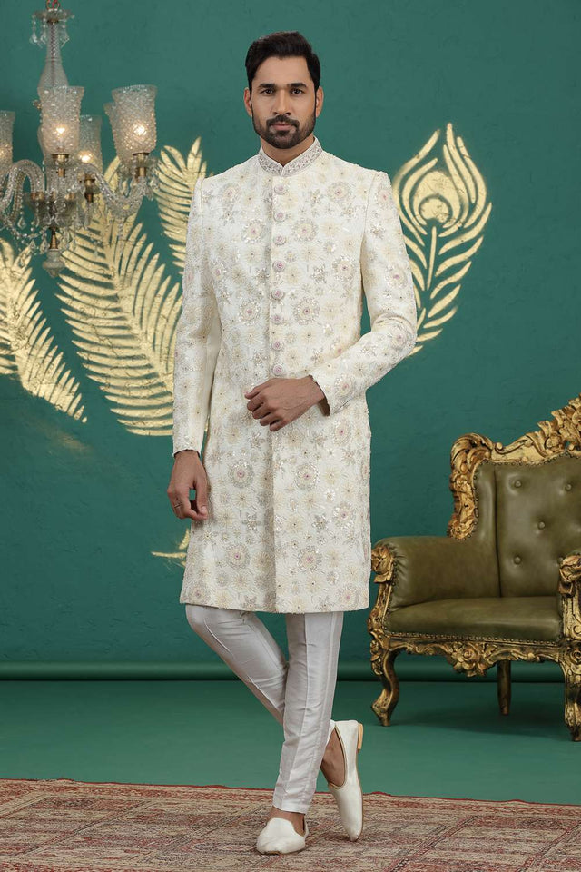 Men's Cream Sequin with Embroidered Art Silk Sherwani Sets