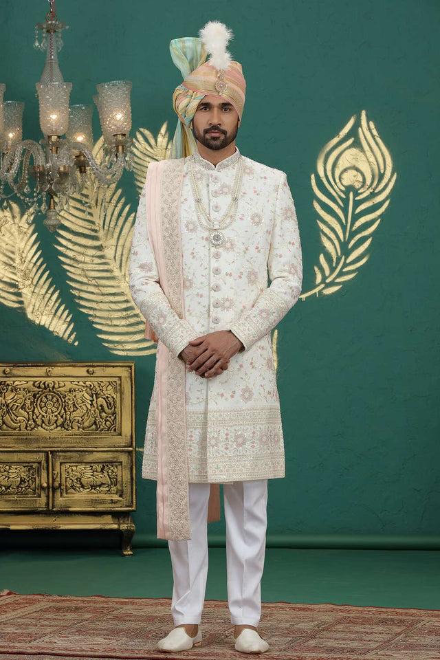 Men's Cream Sequin with Embroidered Art Silk Sherwani Sets