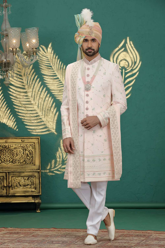 Men's Pink Sequin with Embroidered Art Silk Sherwani Sets