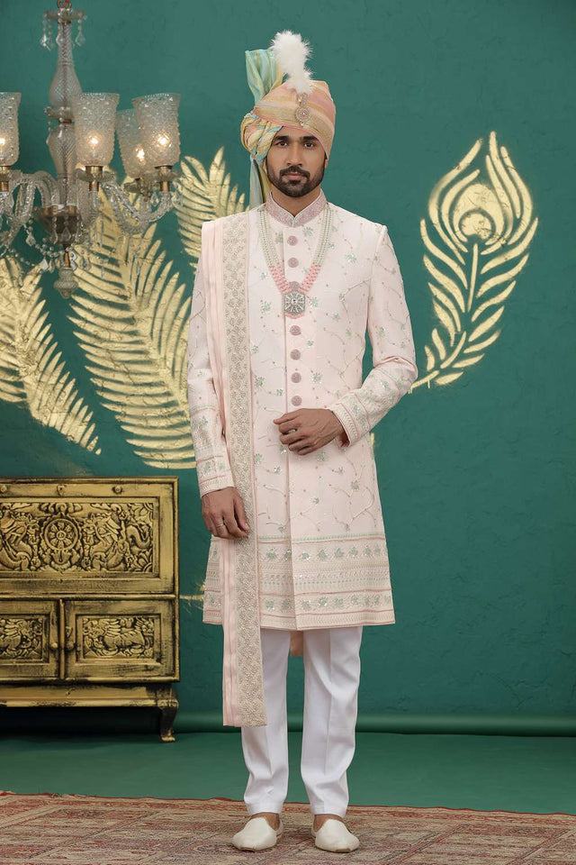 Men's Pink Sequin with Embroidered Art Silk Sherwani Sets
