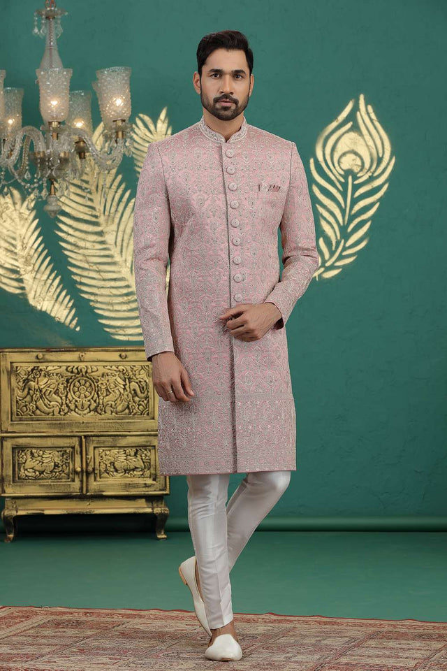Men's Pink Sequin with Embroidered Art Silk Sherwani Sets