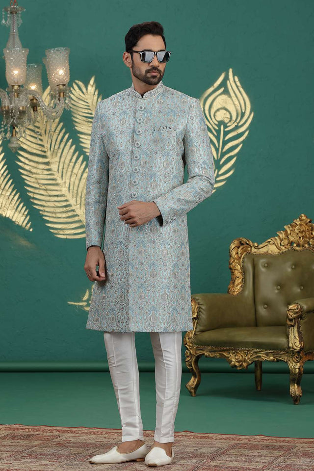 Men's Green Sequin with Embroidered Art Silk Sherwani Sets
