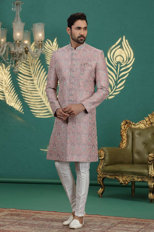 Men's Pink Sequin with Embroidered Art Silk Sherwani Sets
