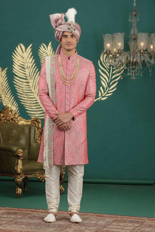 Men's Pink Sequin with Embroidered Banarasi Sherwani Sets