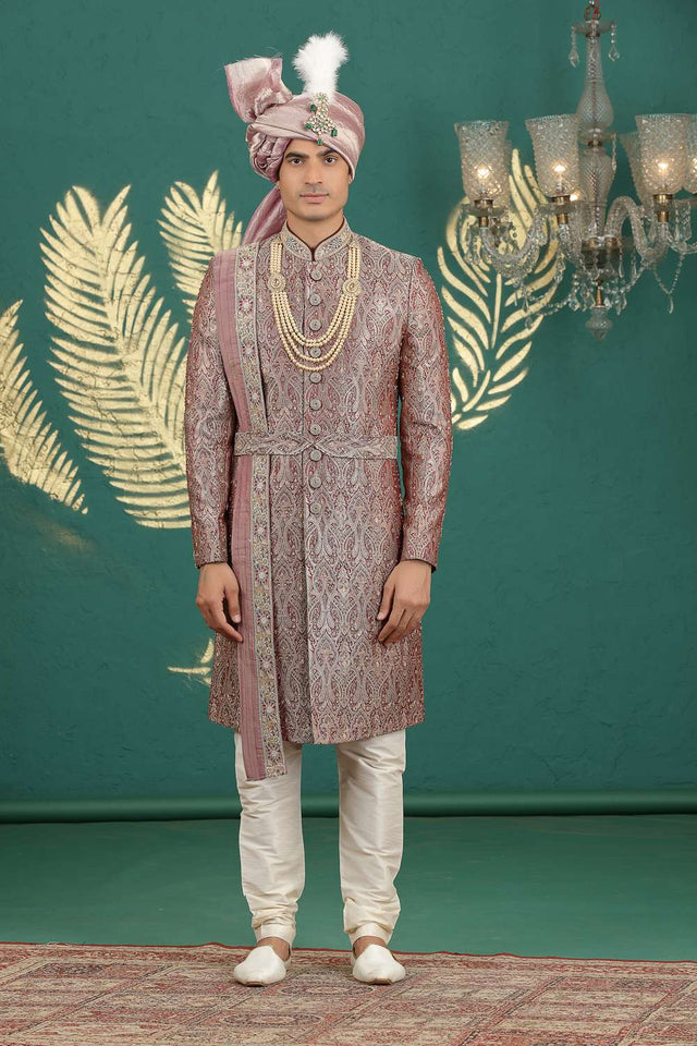 Men's Wine Sequin with Embroidered Banarasi Sherwani Sets