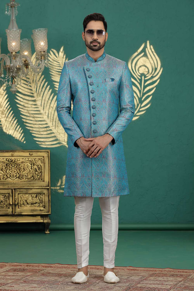 Men's Turquoise Sequin with Embroidered Banarasi Sherwani Sets