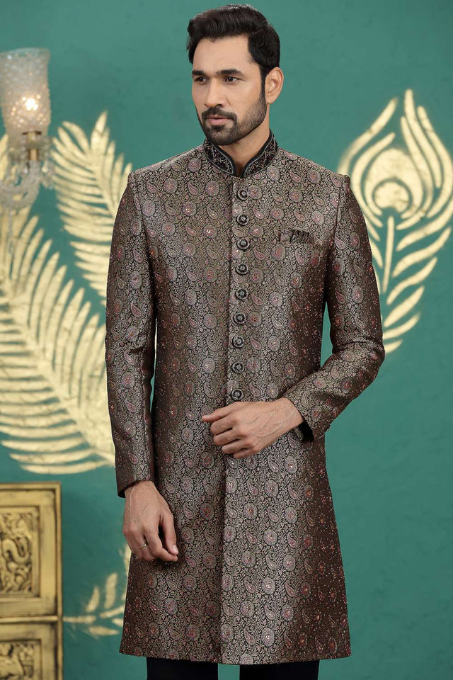 Men's Black Sequin with Embroidered Banarasi Sherwani Sets