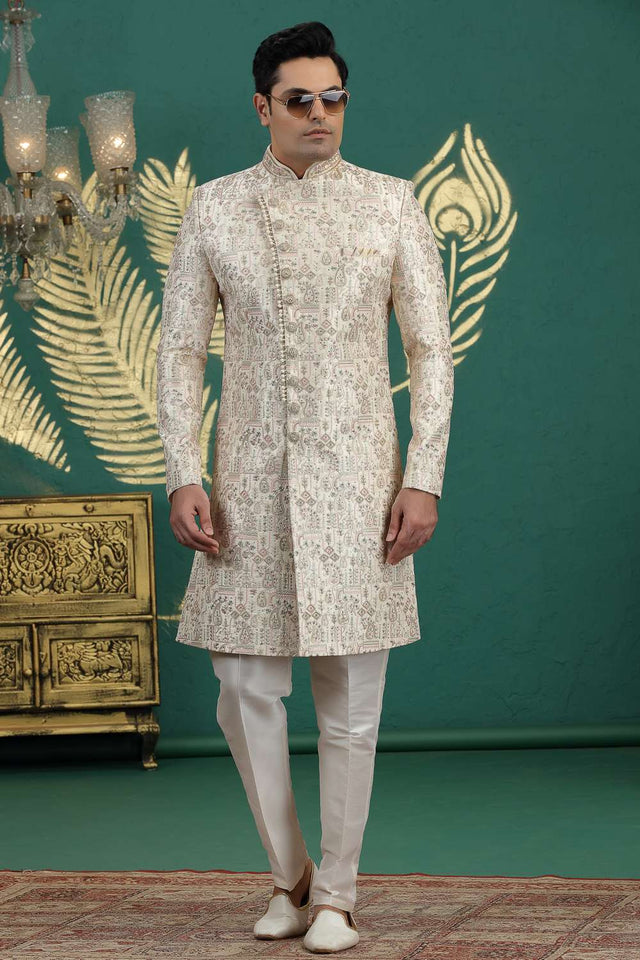 Men's Cream Sequin with Embroidered Art Silk Sherwani Sets