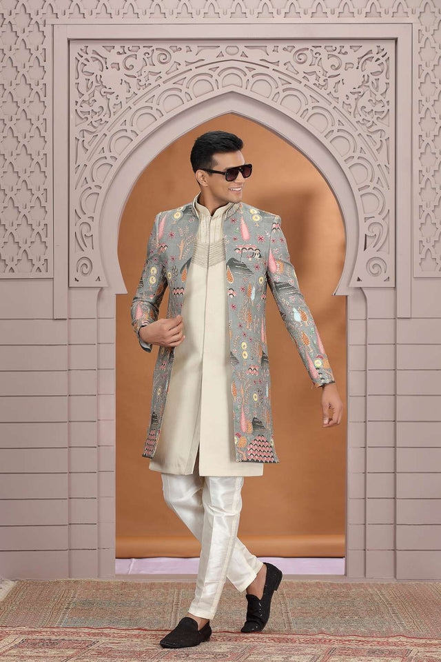 Men's Green Embroidered Art Silk Sherwani Sets