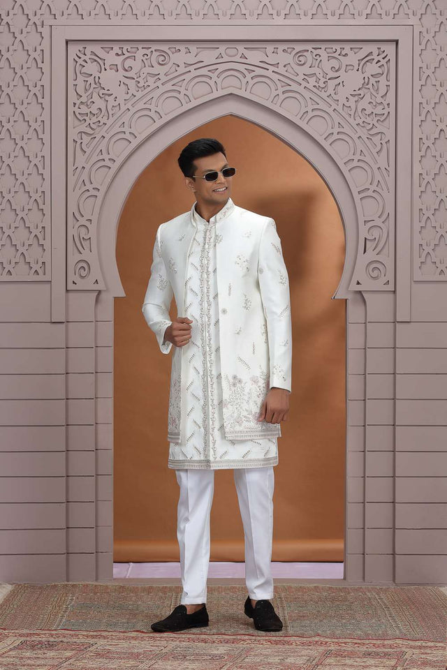 Men's Cream Embroidered Art Silk Sherwani Sets