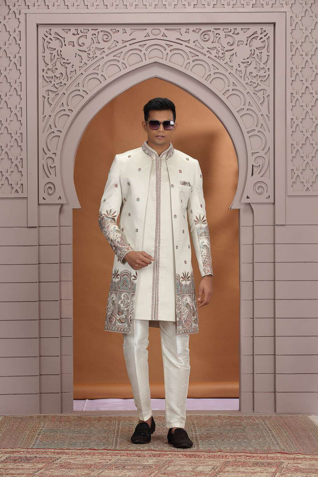 Men's Beige Embroidered Art Silk Sherwani Sets