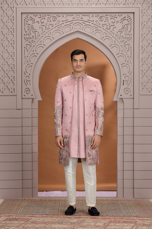 Men's Pink Embroidered Art Silk Sherwani Sets