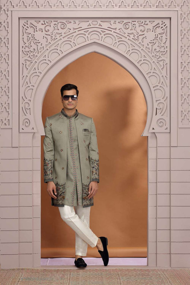 Men's Green Embroidered Art Silk Sherwani Sets