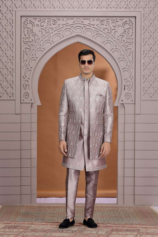 Men's Brown Embroidered Art Silk Sherwani Sets
