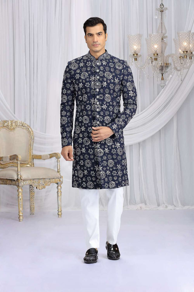 Men's Blue Embroidered Art Silk Sherwani Sets