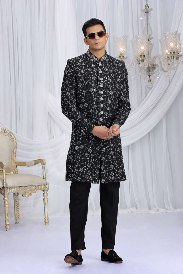 Men's Black Embroidered Art Silk Sherwani Sets