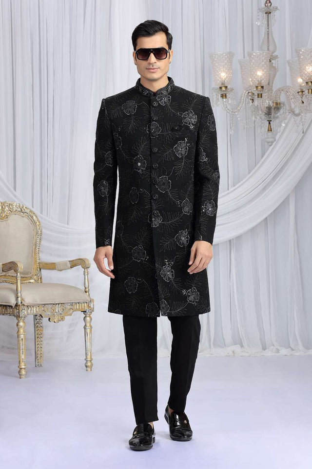 Men's Black Embroidered Art Silk Sherwani Sets