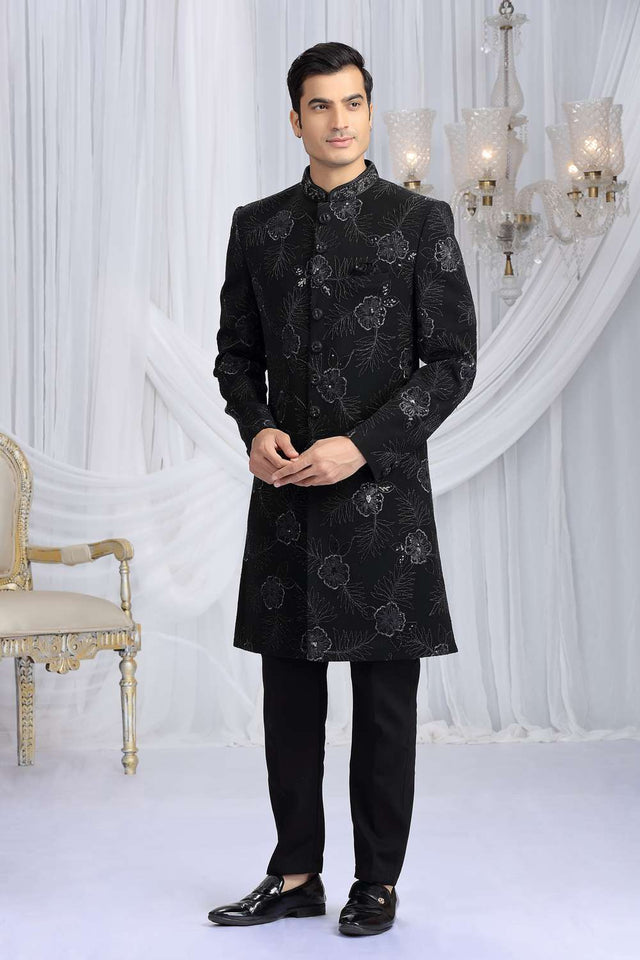Men's Black Embroidered Art Silk Sherwani Sets