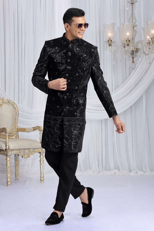 Men's Black Sequin Art Silk Sherwani Sets