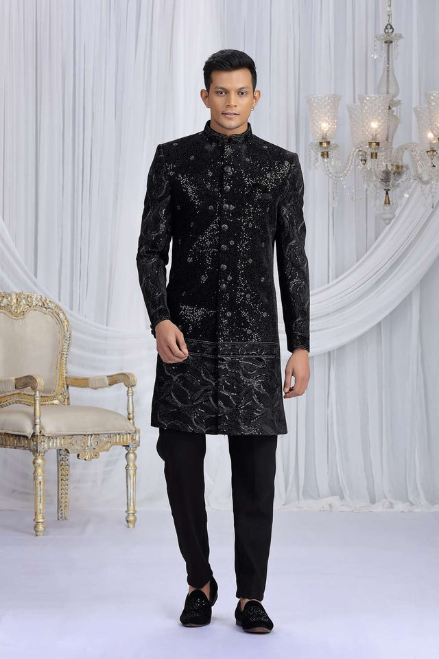 Men's Black Sequin Art Silk Sherwani Sets