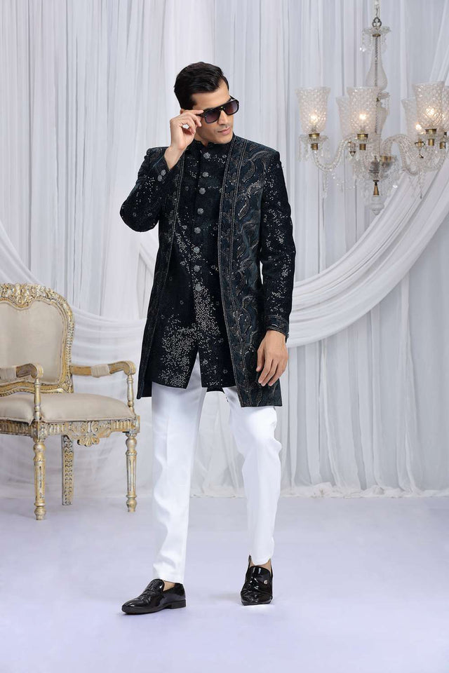 Men's Green Sequin Silk With Velvet Jacket Sherwani Sets