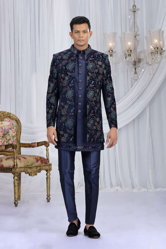 Men's Navy Blue Embroidered Silk With Velvet Jacket Sherwani Sets