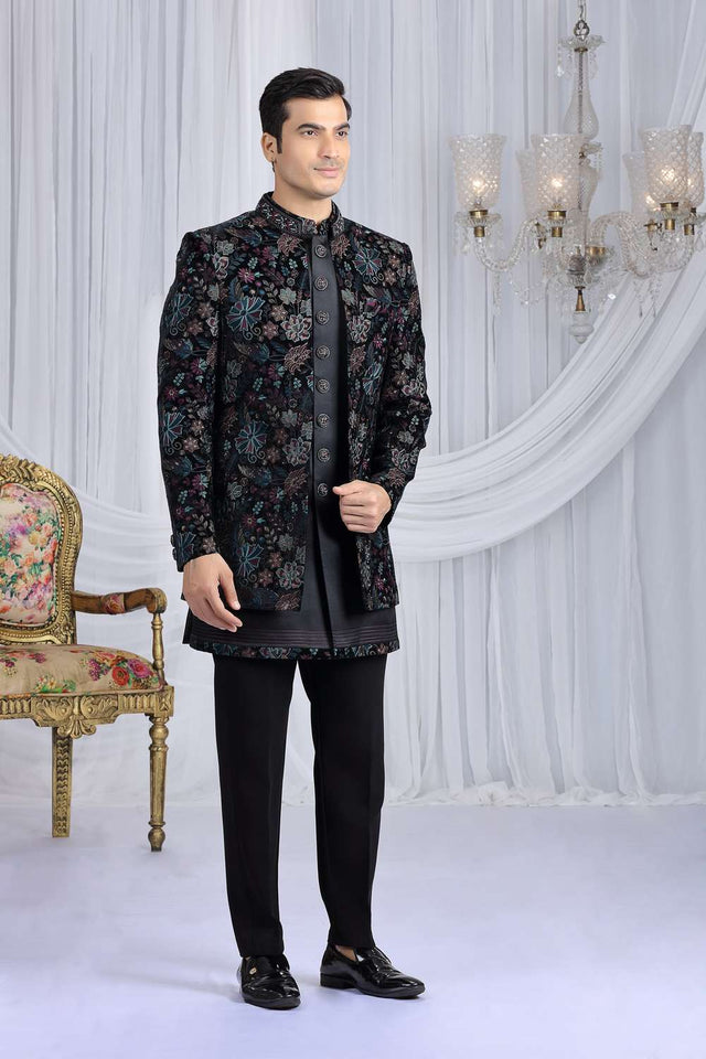 Men's Black Embroidered Silk With Velvet Jacket Sherwani Sets
