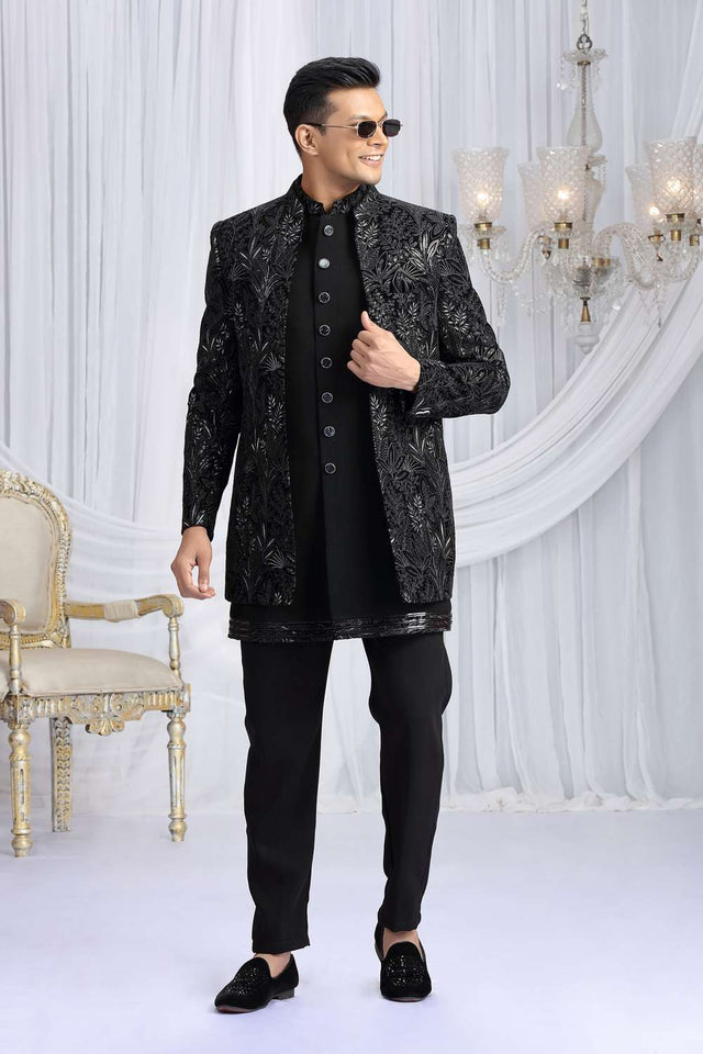 Men's Black Embroidered Silk With Velvet Jacket Sherwani Sets