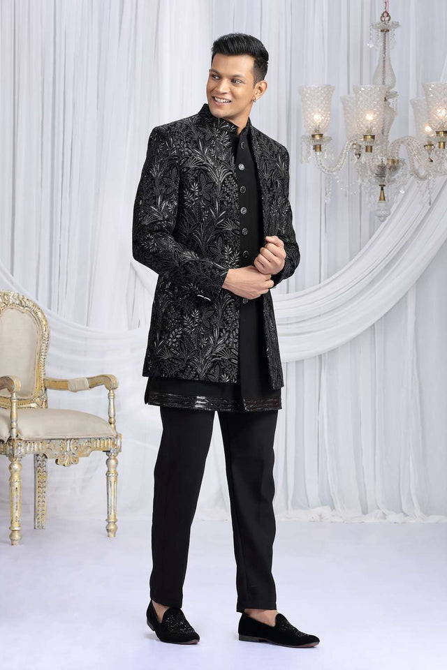 Men's Black Embroidered Silk With Velvet Jacket Sherwani Sets