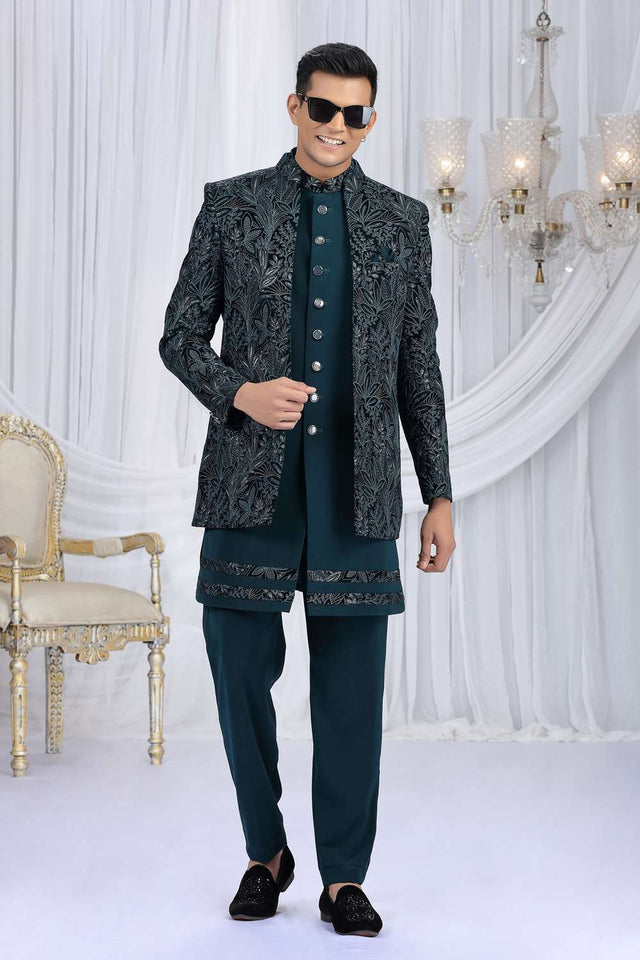 Men's Green Embroidered Silk With Velvet Jacket Sherwani Sets