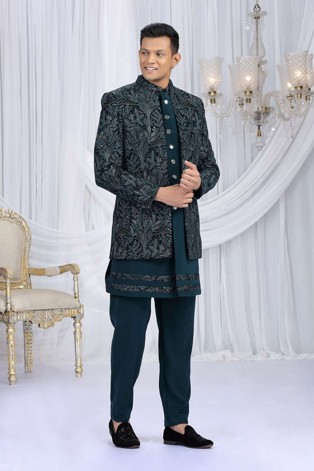 Men's Green Embroidered Silk With Velvet Jacket Sherwani Sets