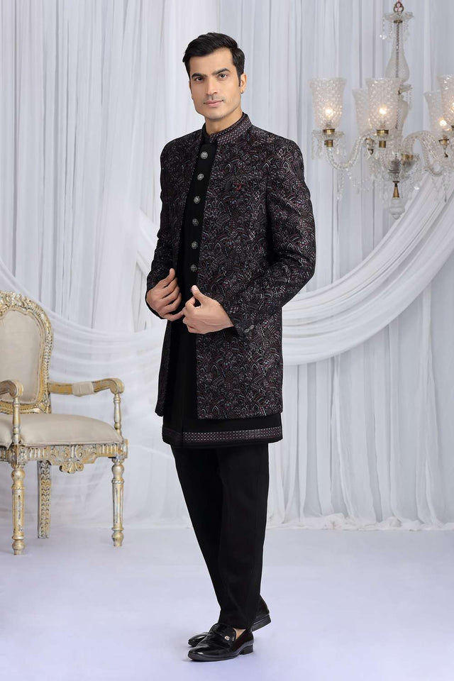 Men's Black Embroidered Silk With Velvet Jacket Sherwani Sets
