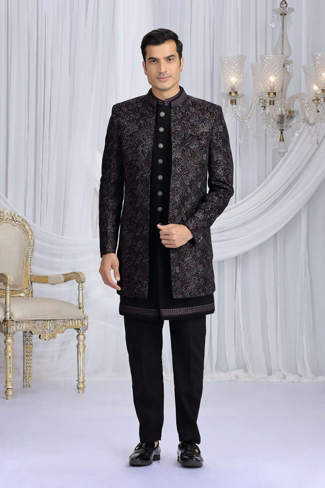 Men's Black Embroidered Silk With Velvet Jacket Sherwani Sets