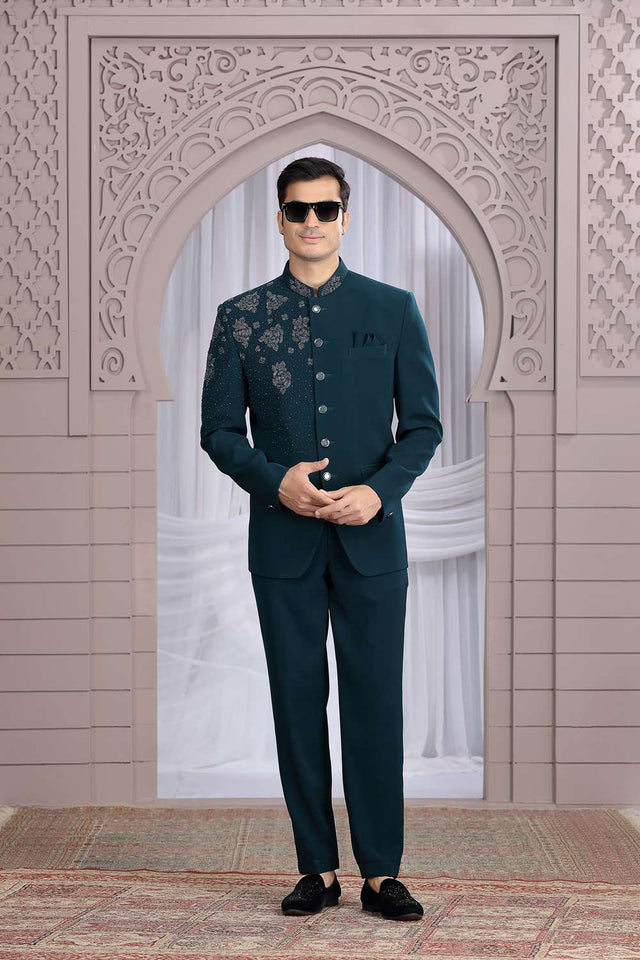 Men's Dark Green Embroidered Silk Jodhpuri (Jacket Only)