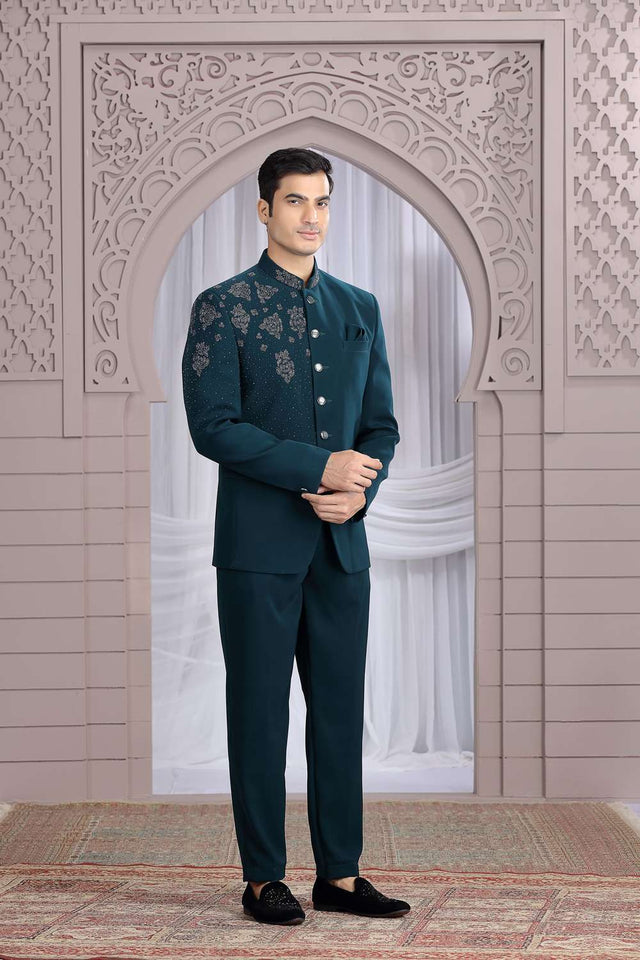 Men's Dark Green Embroidered Silk Jodhpuri (Jacket Only)