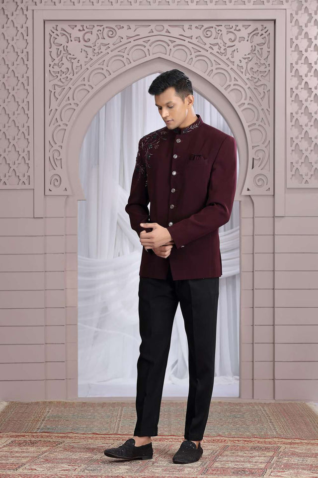 Men's Wine Embroidered Silk Jodhpuri (Jacket Only)